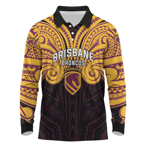 Custom Brisbane Broncos Long Sleeve Polo Shirt Horse Warrior Polynesia Islander Rugby Mascot