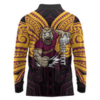 Custom Brisbane Broncos Long Sleeve Polo Shirt Horse Warrior Polynesia Islander Rugby Mascot