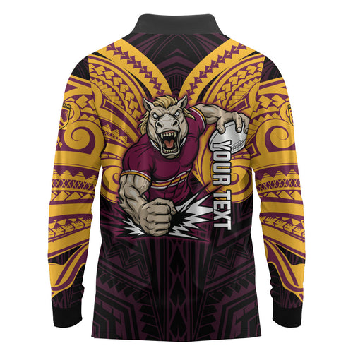 Custom Brisbane Broncos Long Sleeve Polo Shirt Horse Warrior Polynesia Islander Rugby Mascot