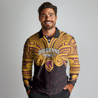 Custom Brisbane Broncos Long Sleeve Polo Shirt Horse Warrior Polynesia Islander Rugby Mascot