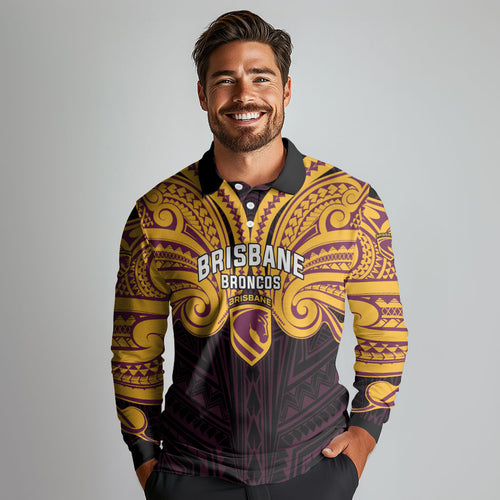 Custom Brisbane Broncos Long Sleeve Polo Shirt Horse Warrior Polynesia Islander Rugby Mascot