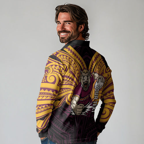 Custom Brisbane Broncos Long Sleeve Polo Shirt Horse Warrior Polynesia Islander Rugby Mascot