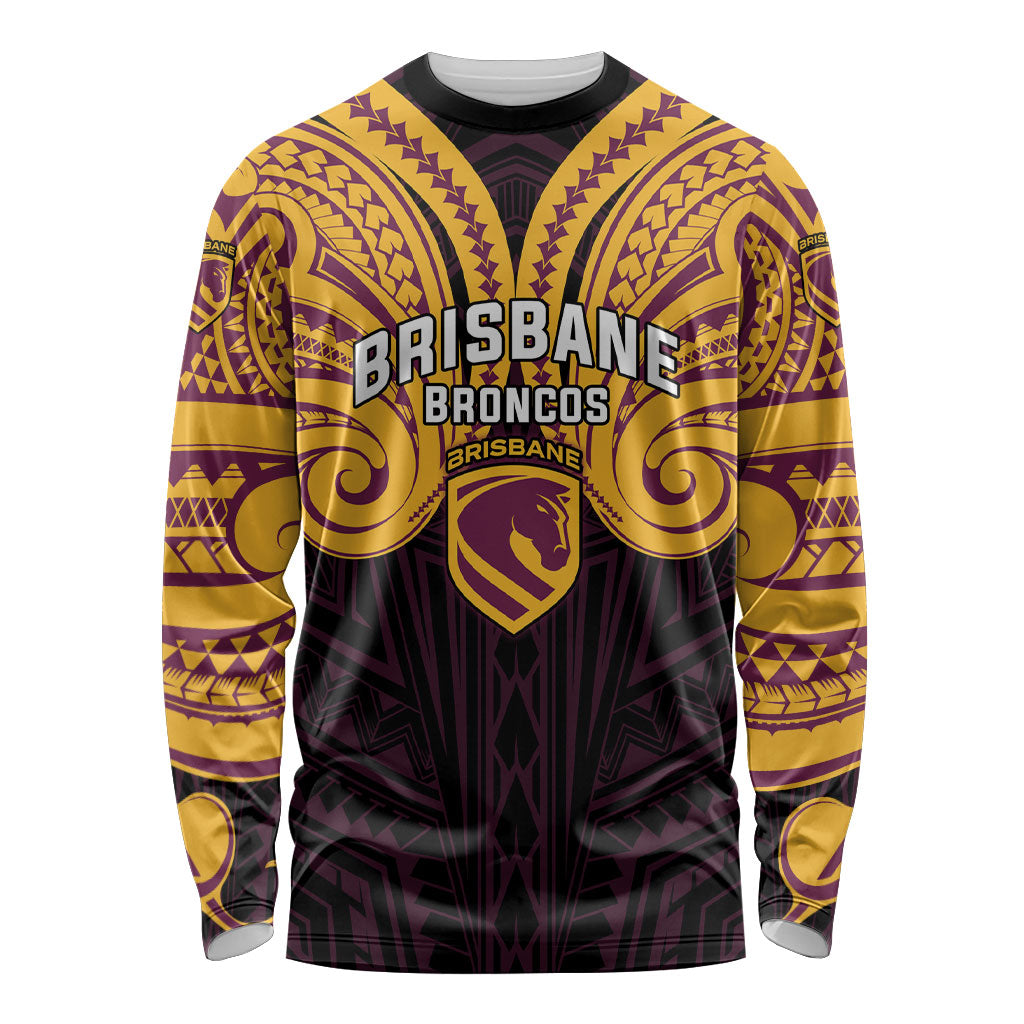 Custom Brisbane Broncos Long Sleeve Shirt Horse Warrior Polynesia Islander Rugby Mascot