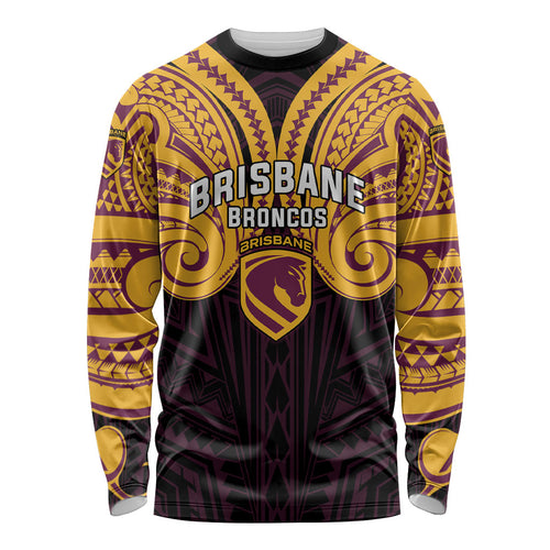 Custom Brisbane Broncos Long Sleeve Shirt Horse Warrior Polynesia Islander Rugby Mascot