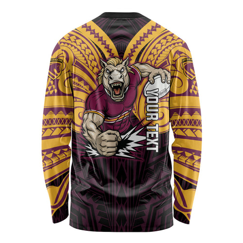 Custom Brisbane Broncos Long Sleeve Shirt Horse Warrior Polynesia Islander Rugby Mascot