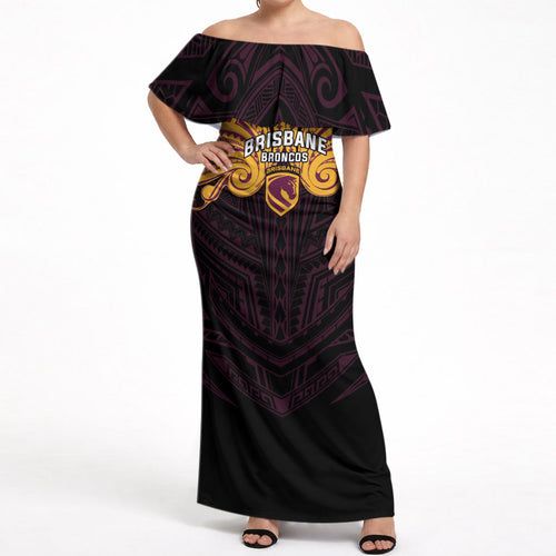 Custom Brisbane Broncos Off Shoulder Maxi Dress Horse Warrior Polynesia Islander Rugby Mascot