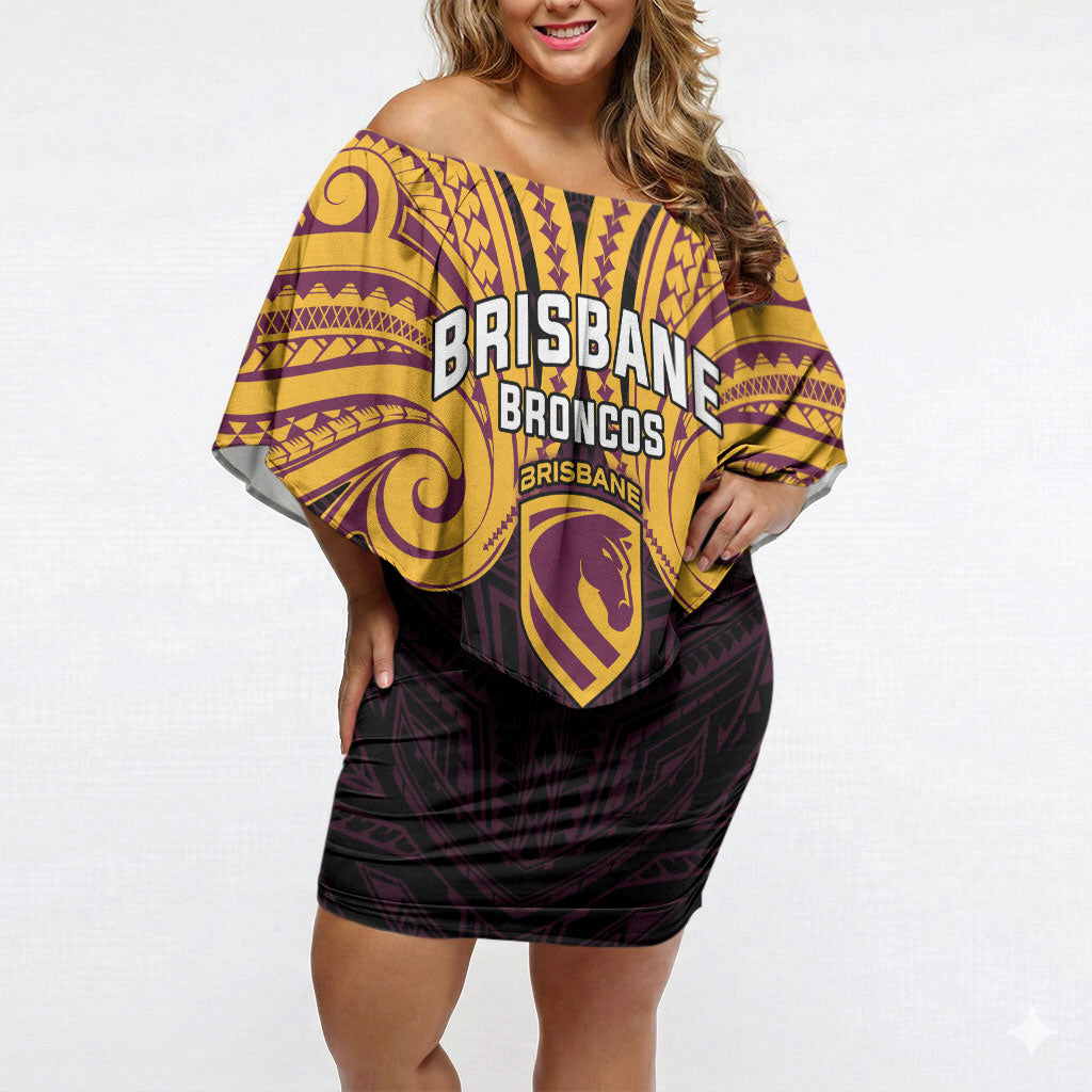 Custom Brisbane Broncos Off Shoulder Short Dress Horse Warrior Polynesia Islander Rugby Mascot