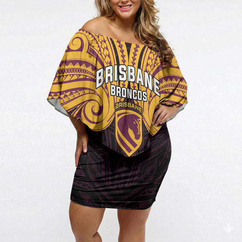 Custom Brisbane Broncos Off Shoulder Short Dress Horse Warrior Polynesia Islander Rugby Mascot