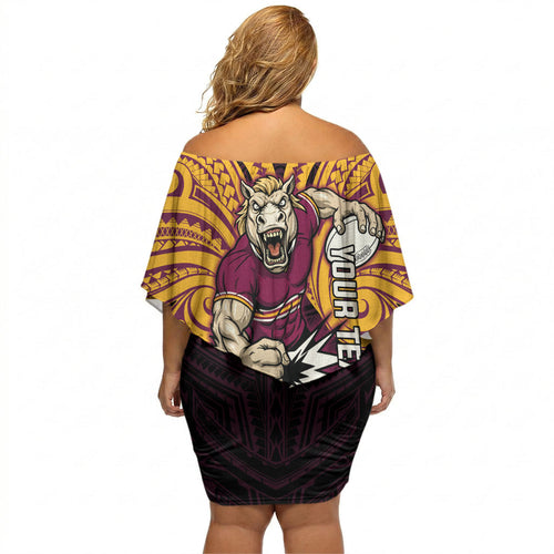 Custom Brisbane Broncos Off Shoulder Short Dress Horse Warrior Polynesia Islander Rugby Mascot