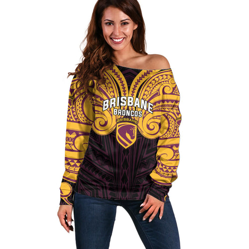 Custom Brisbane Broncos Off Shoulder Sweater Horse Warrior Polynesia Islander Rugby Mascot