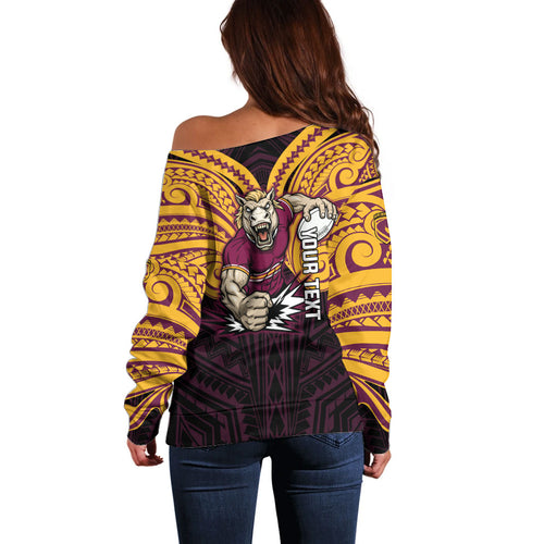 Custom Brisbane Broncos Off Shoulder Sweater Horse Warrior Polynesia Islander Rugby Mascot