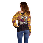 Custom Brisbane Broncos Off Shoulder Sweater Horse Warrior Polynesia Islander Rugby Mascot