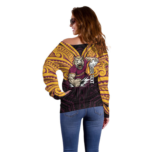 Custom Brisbane Broncos Off Shoulder Sweater Horse Warrior Polynesia Islander Rugby Mascot