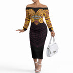 Custom Brisbane Broncos Off The Shoulder Long Sleeve Dress Horse Warrior Polynesia Islander Rugby Mascot