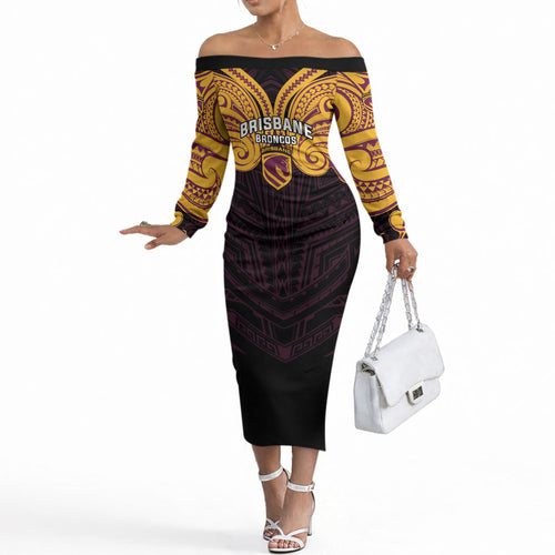 Custom Brisbane Broncos Off The Shoulder Long Sleeve Dress Horse Warrior Polynesia Islander Rugby Mascot