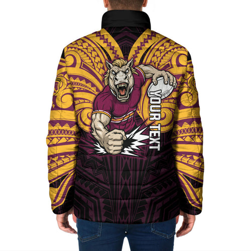 Custom Brisbane Broncos Padded Jacket Horse Warrior Polynesia Islander Rugby Mascot