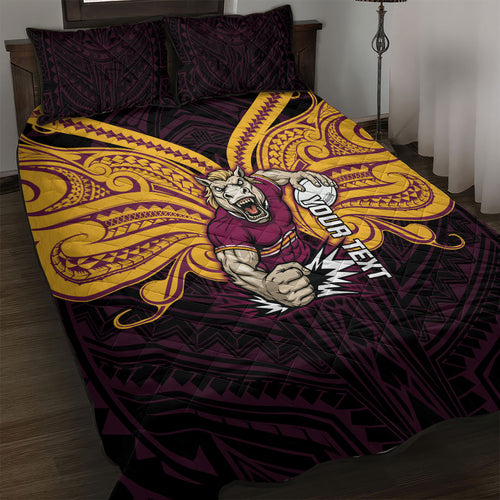 Custom Brisbane Broncos Quilt Bed Set Horse Warrior Polynesia Islander Rugby Mascot