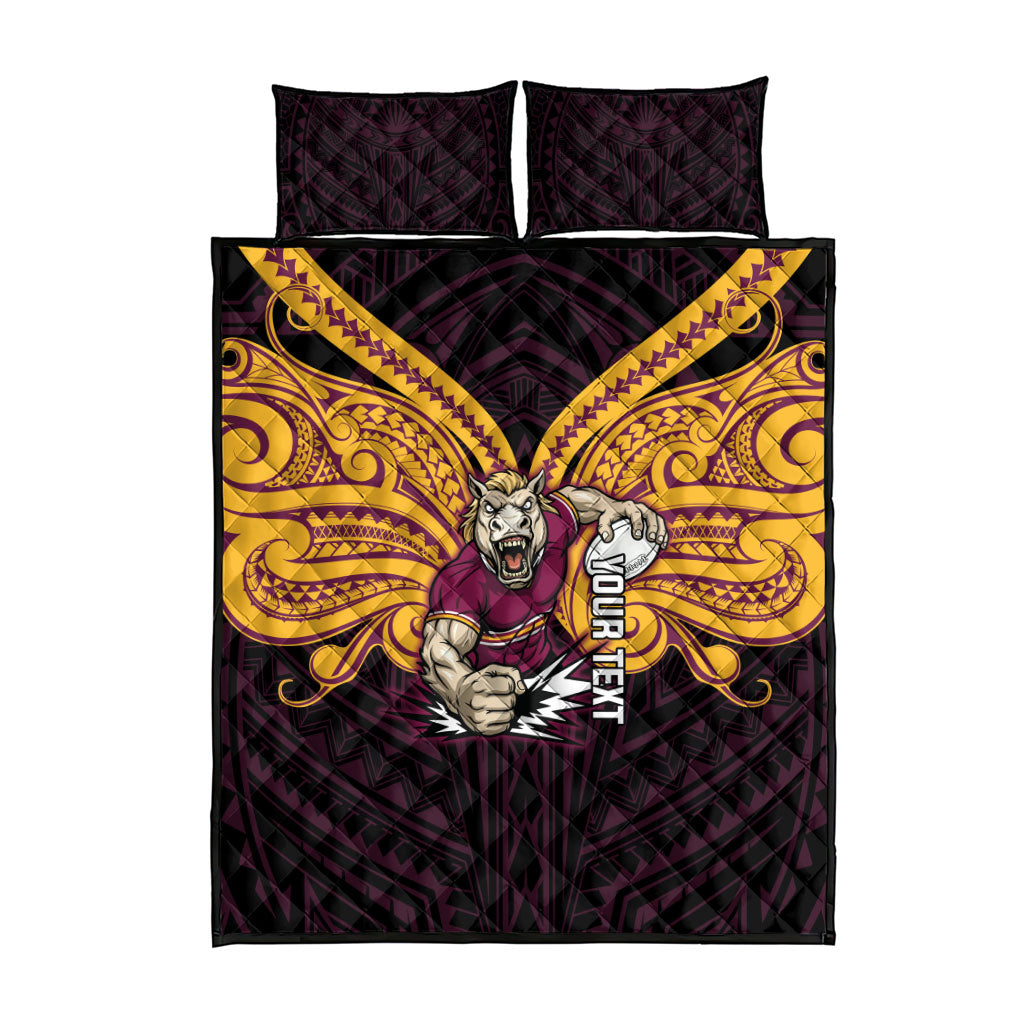 Custom Brisbane Broncos Quilt Bed Set Horse Warrior Polynesia Islander Rugby Mascot