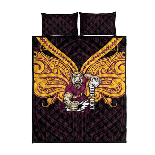 Custom Brisbane Broncos Quilt Bed Set Horse Warrior Polynesia Islander Rugby Mascot