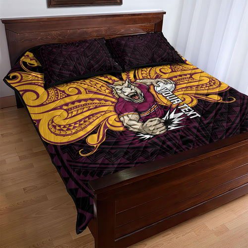 Custom Brisbane Broncos Quilt Bed Set Horse Warrior Polynesia Islander Rugby Mascot