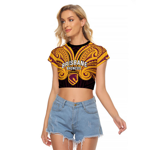 Custom Brisbane Broncos Raglan Cropped T Shirt Horse Warrior Polynesia Islander Rugby Mascot
