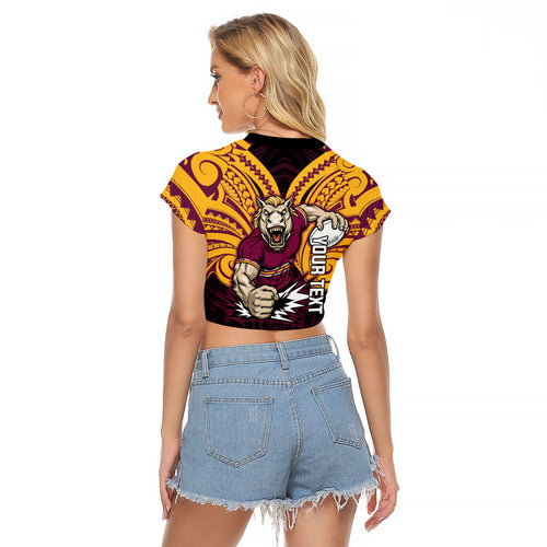 Custom Brisbane Broncos Raglan Cropped T Shirt Horse Warrior Polynesia Islander Rugby Mascot