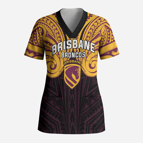 Custom Brisbane Broncos Scrub Top Horse Warrior Polynesia Islander Rugby Mascot