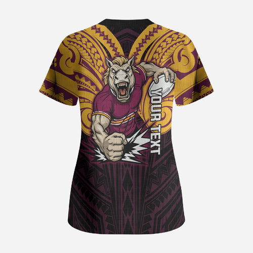 Custom Brisbane Broncos Scrub Top Horse Warrior Polynesia Islander Rugby Mascot