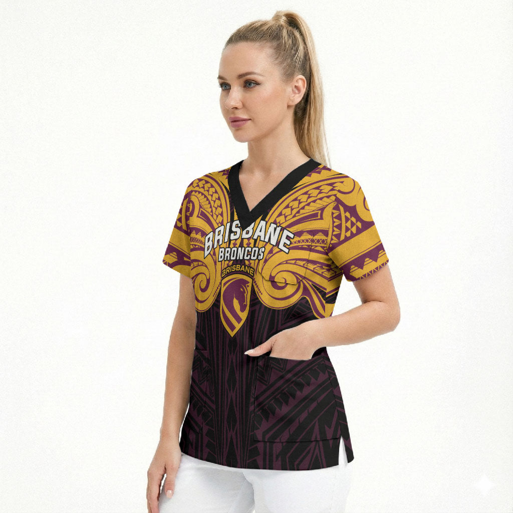 Custom Brisbane Broncos Scrub Top Horse Warrior Polynesia Islander Rugby Mascot