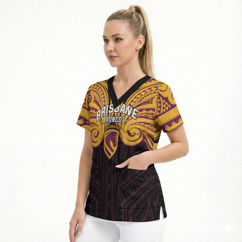 Custom Brisbane Broncos Scrub Top Horse Warrior Polynesia Islander Rugby Mascot