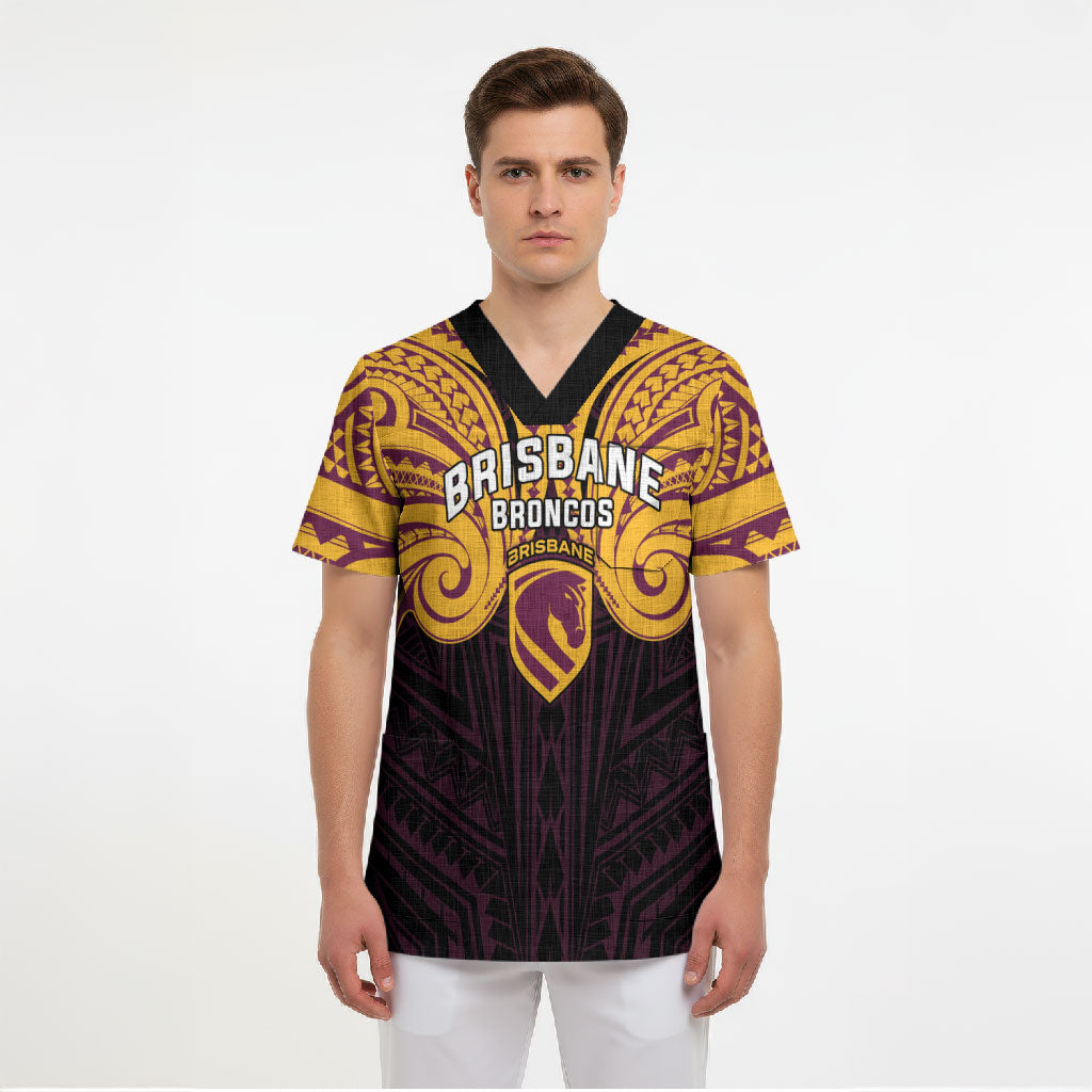 Custom Brisbane Broncos Scrub Top Horse Warrior Polynesia Islander Rugby Mascot