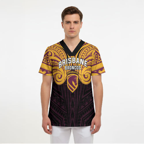 Custom Brisbane Broncos Scrub Top Horse Warrior Polynesia Islander Rugby Mascot