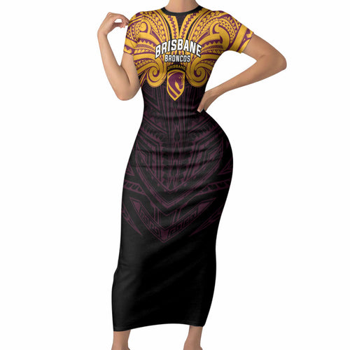 Custom Brisbane Broncos Short Sleeve Bodycon Dress Horse Warrior Polynesia Islander Rugby Mascot