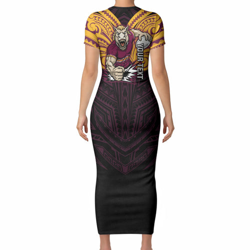 Custom Brisbane Broncos Short Sleeve Bodycon Dress Horse Warrior Polynesia Islander Rugby Mascot
