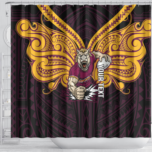Custom Brisbane Broncos Shower Curtain Horse Warrior Polynesia Islander Rugby Mascot