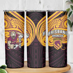 Custom Brisbane Broncos Skinny Tumbler Horse Warrior Polynesia Islander Rugby Mascot