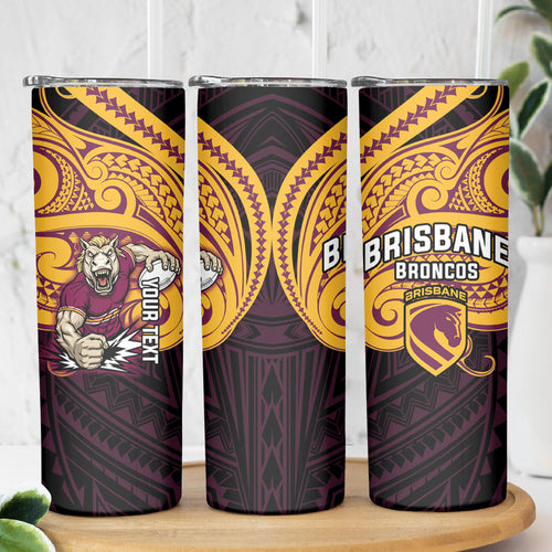 Custom Brisbane Broncos Skinny Tumbler Horse Warrior Polynesia Islander Rugby Mascot