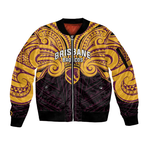 Custom Brisbane Broncos Sleeve Zip Bomber Jacket Horse Warrior Polynesia Islander Rugby Mascot