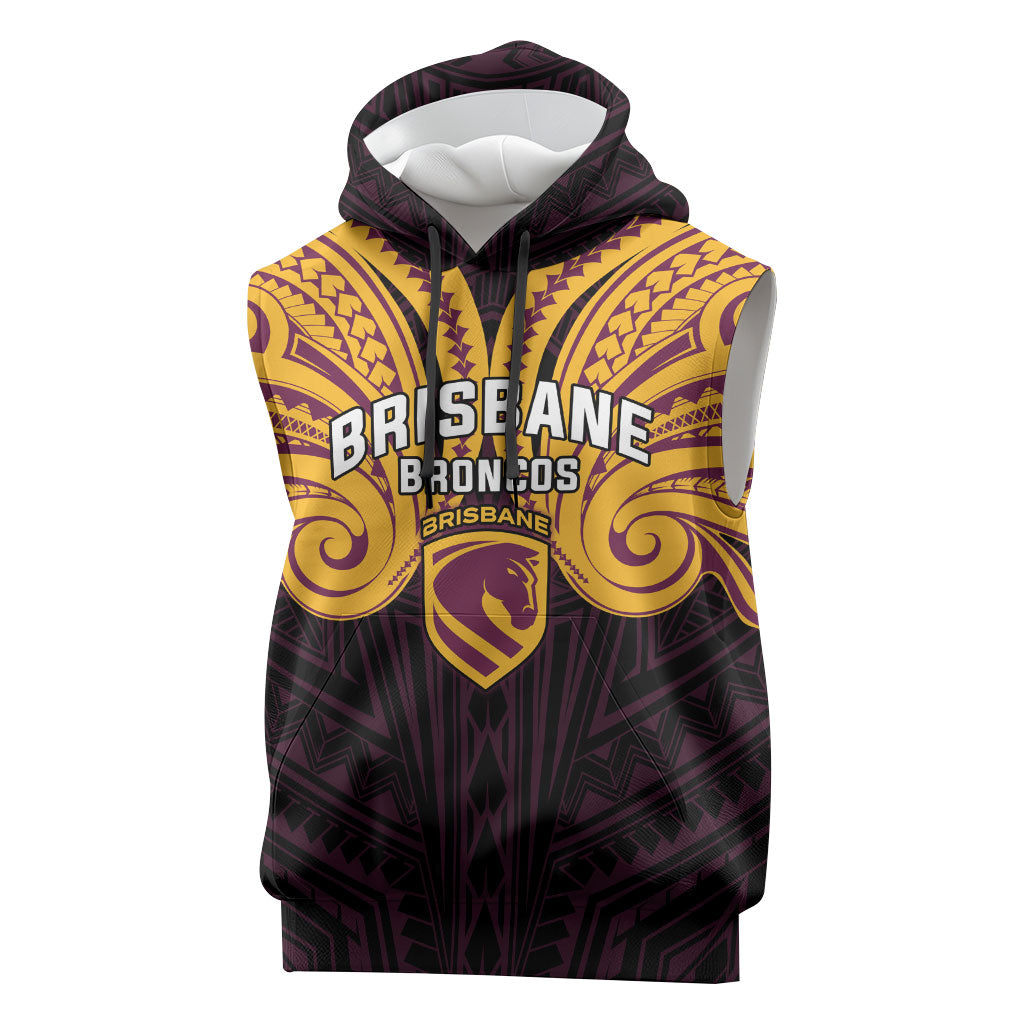 Custom Brisbane Broncos Sleeveless Hoodie Horse Warrior Polynesia Islander Rugby Mascot