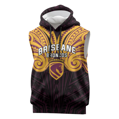 Custom Brisbane Broncos Sleeveless Hoodie Horse Warrior Polynesia Islander Rugby Mascot
