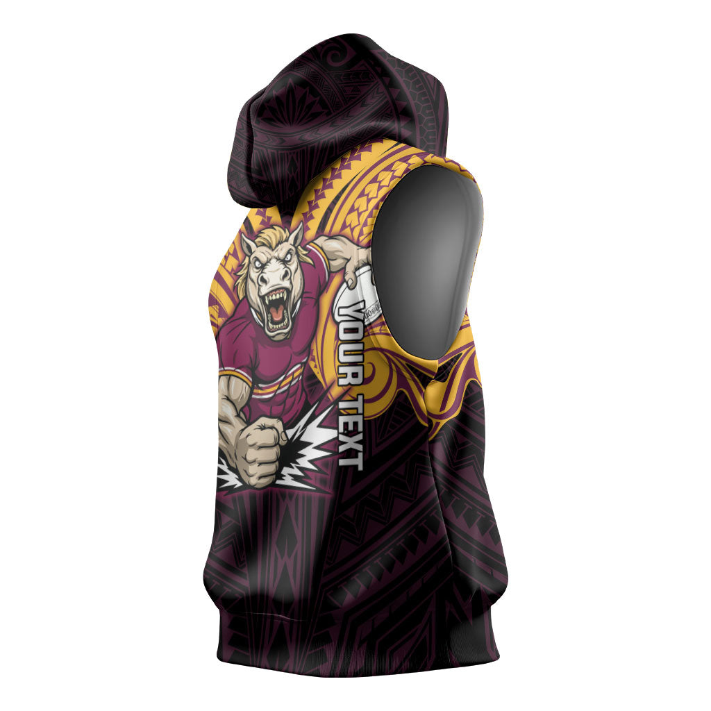 Custom Brisbane Broncos Sleeveless Hoodie Horse Warrior Polynesia Islander Rugby Mascot