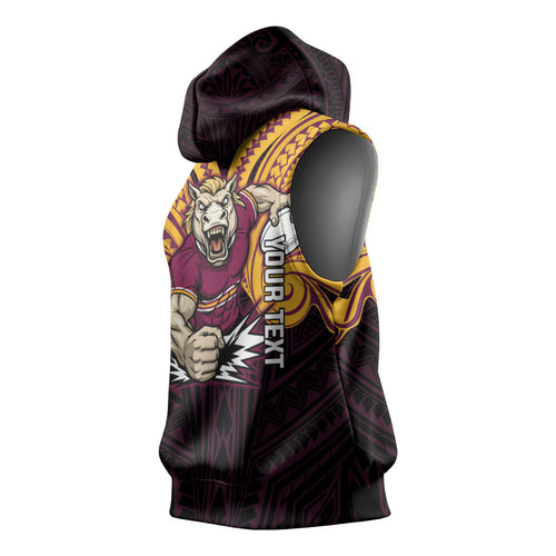 Custom Brisbane Broncos Sleeveless Hoodie Horse Warrior Polynesia Islander Rugby Mascot