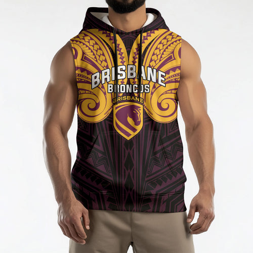 Custom Brisbane Broncos Sleeveless Hoodie Horse Warrior Polynesia Islander Rugby Mascot