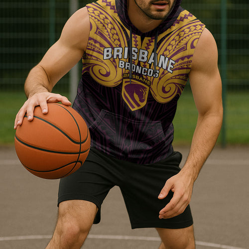 Custom Brisbane Broncos Sleeveless Hoodie Horse Warrior Polynesia Islander Rugby Mascot
