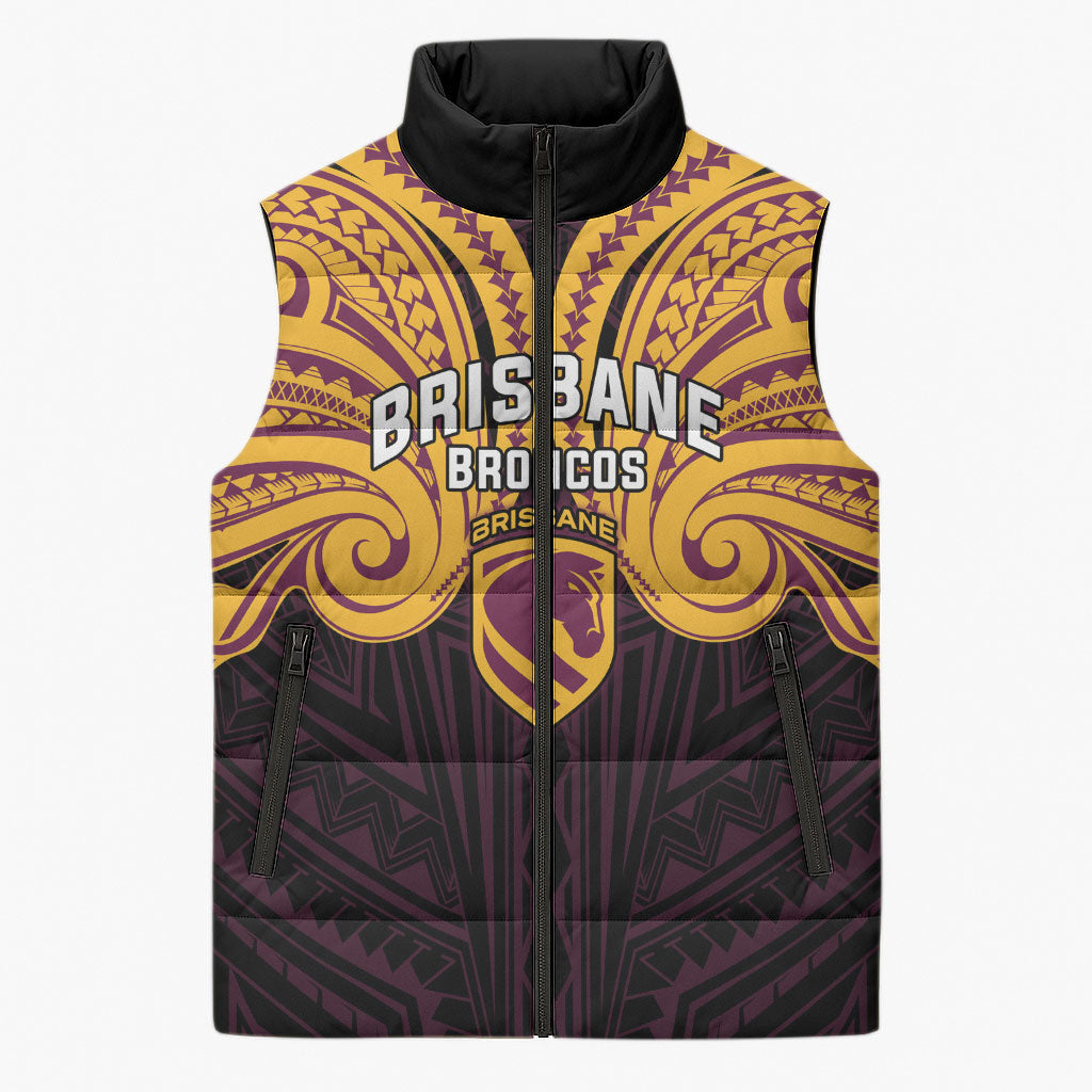 Custom Brisbane Broncos Sleeveless Puffer Jacket Horse Warrior Polynesia Islander Rugby Mascot