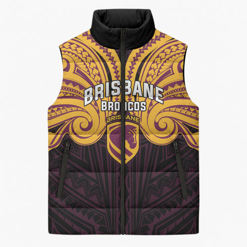 Custom Brisbane Broncos Sleeveless Puffer Jacket Horse Warrior Polynesia Islander Rugby Mascot