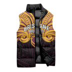 Custom Brisbane Broncos Sleeveless Puffer Jacket Horse Warrior Polynesia Islander Rugby Mascot