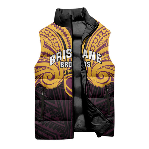 Custom Brisbane Broncos Sleeveless Puffer Jacket Horse Warrior Polynesia Islander Rugby Mascot