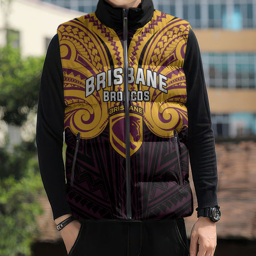Custom Brisbane Broncos Sleeveless Puffer Jacket Horse Warrior Polynesia Islander Rugby Mascot