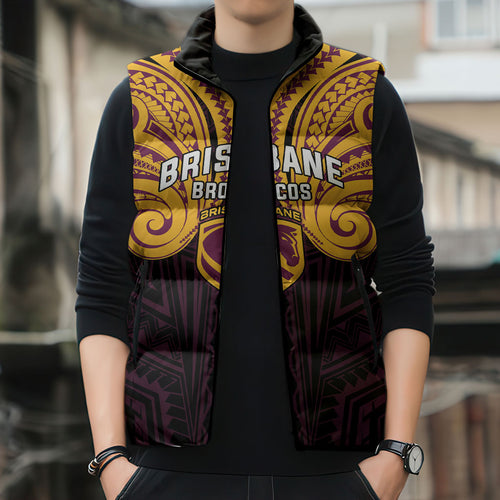 Custom Brisbane Broncos Sleeveless Puffer Jacket Horse Warrior Polynesia Islander Rugby Mascot